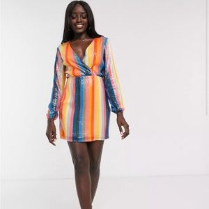 Rainbow Sequin Multicolor Striped Long Sleeve Dress